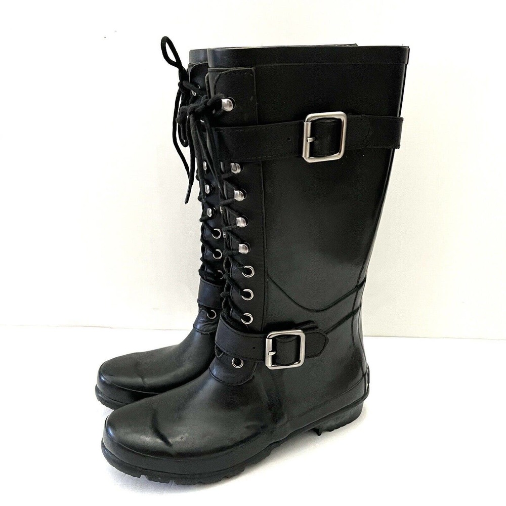 BCBG MaxAzria Women Willis Black Combat Rubber Rain Boots Lace Up Eyelet Strap 7